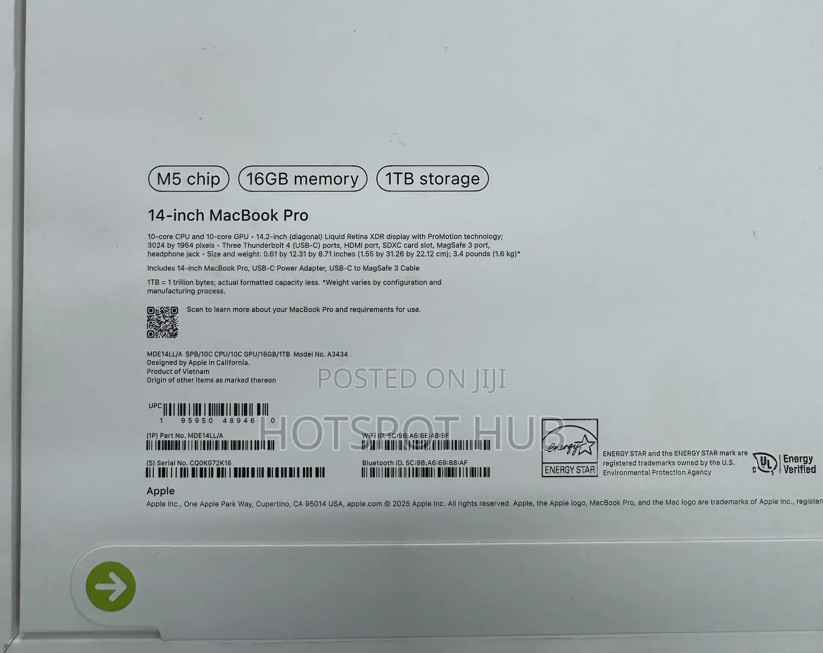 New Laptop Apple MacBook Pro 2025 M5 16GB Apple M5 SSD 1T