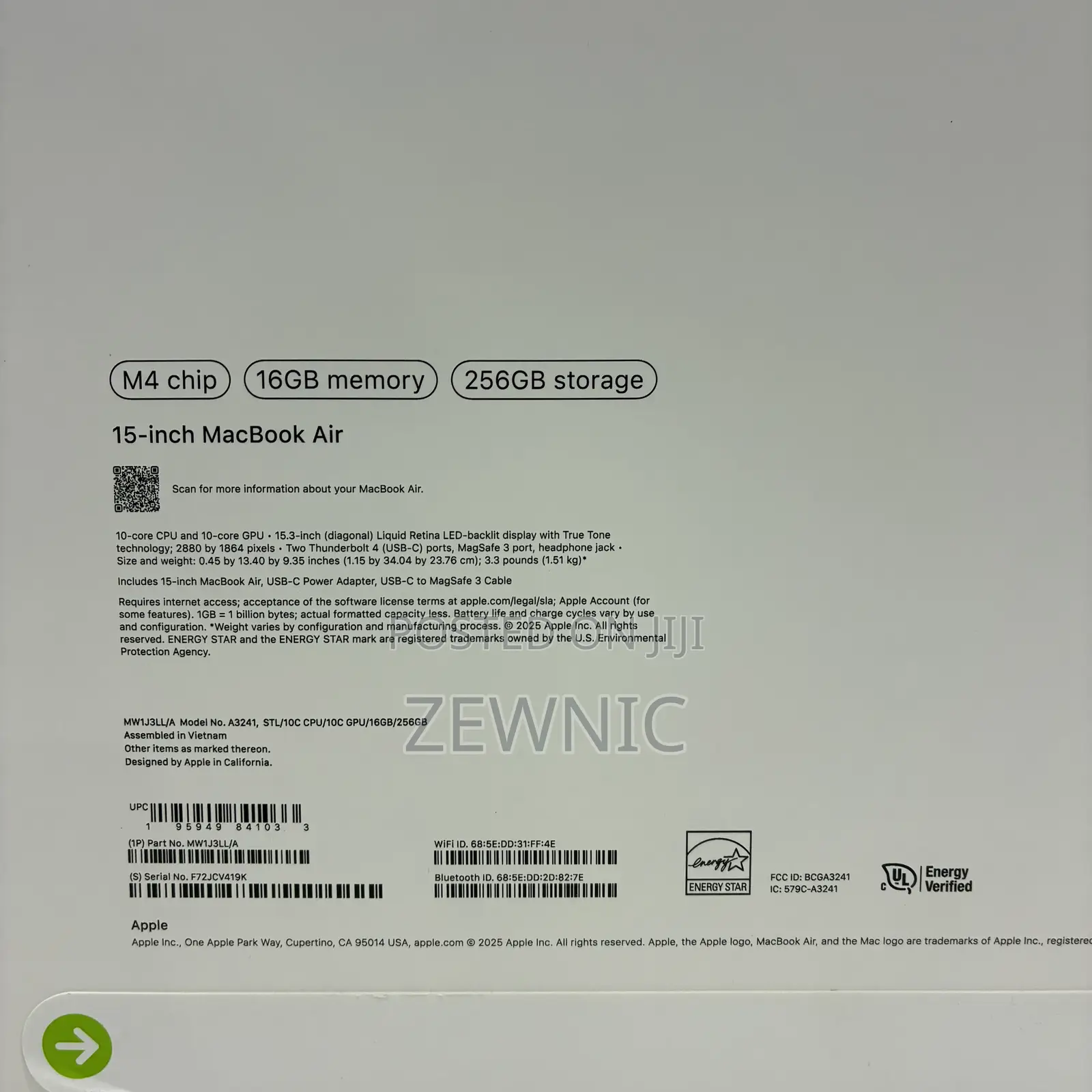 New Laptop Apple MacBook Air 2025 M4 15-Inch 16GB Apple M4 SSD 256GB