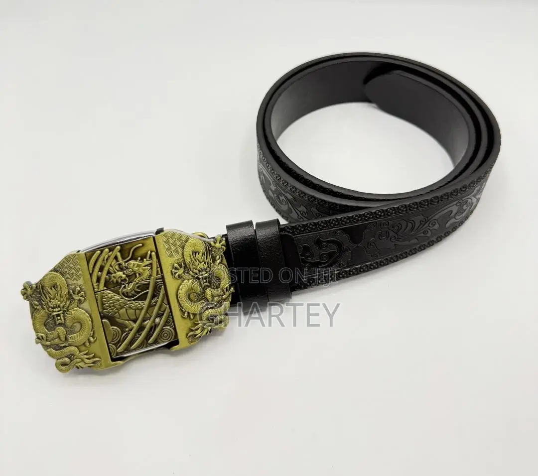 Gold Bold Embossed Buckle Men’S Leather Belt