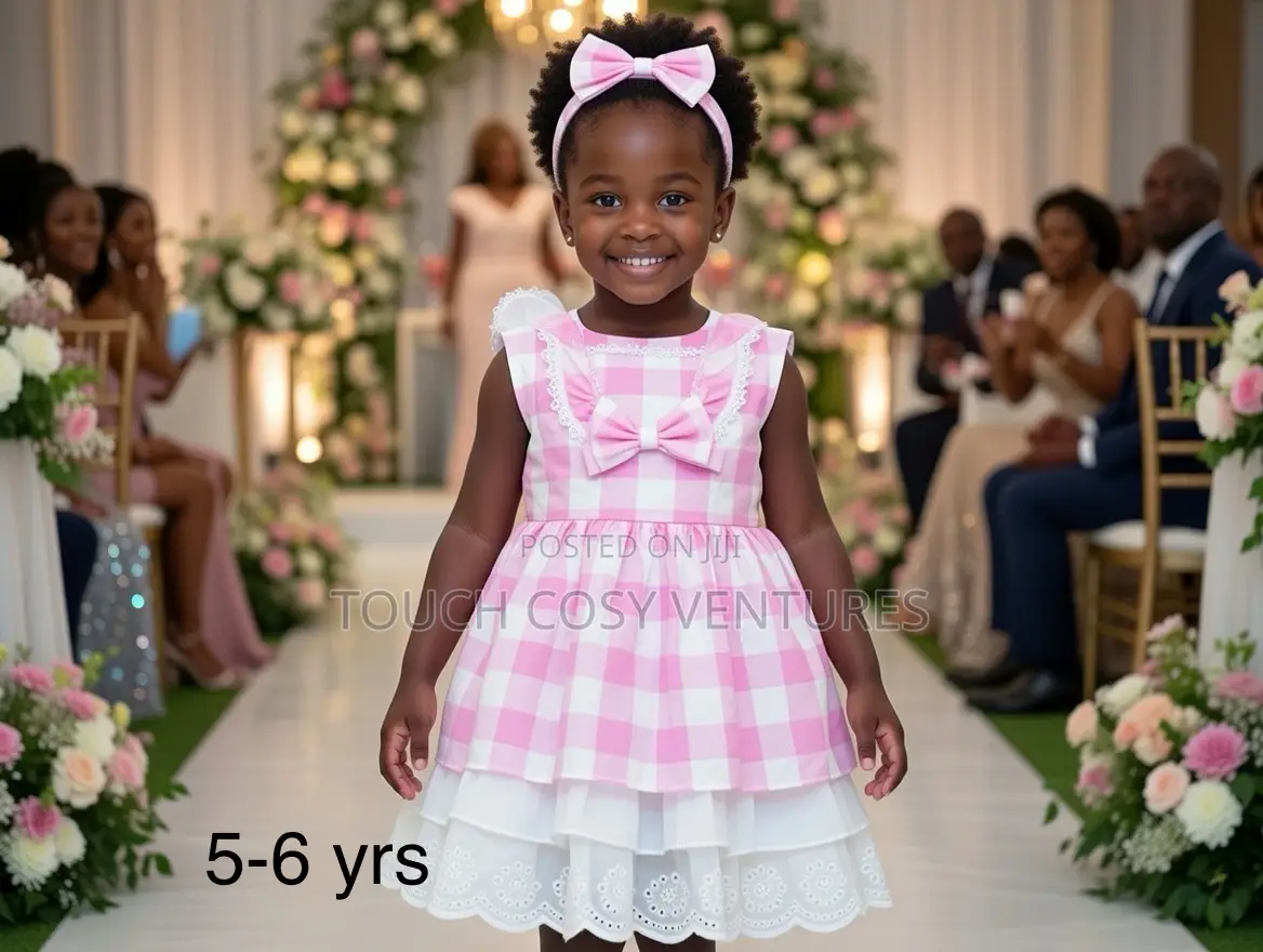 Pink Check Bow Party Dress With Lace Trim