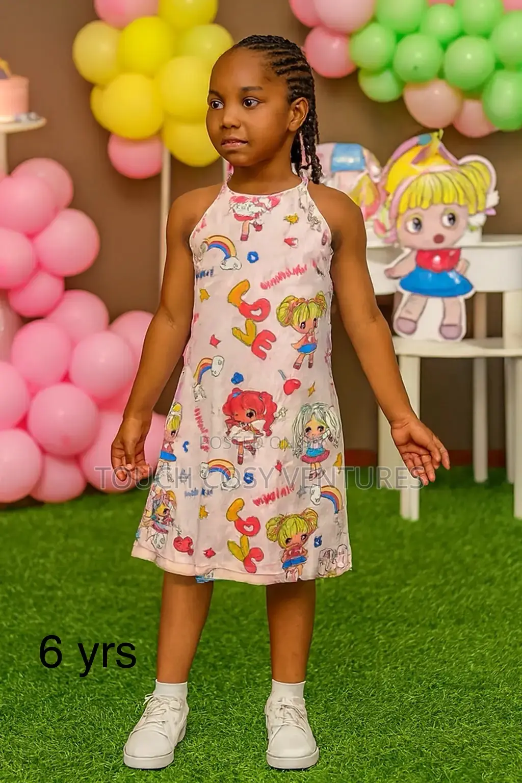 “Rainbow Cartoon Love Print Sleeveless Dress (6 Yrs)