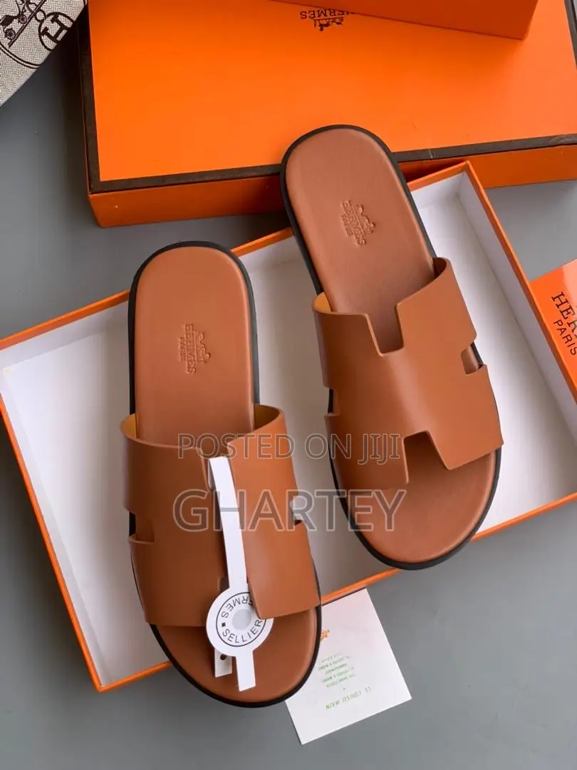 Hermes Men’S Leather Slippers Brown