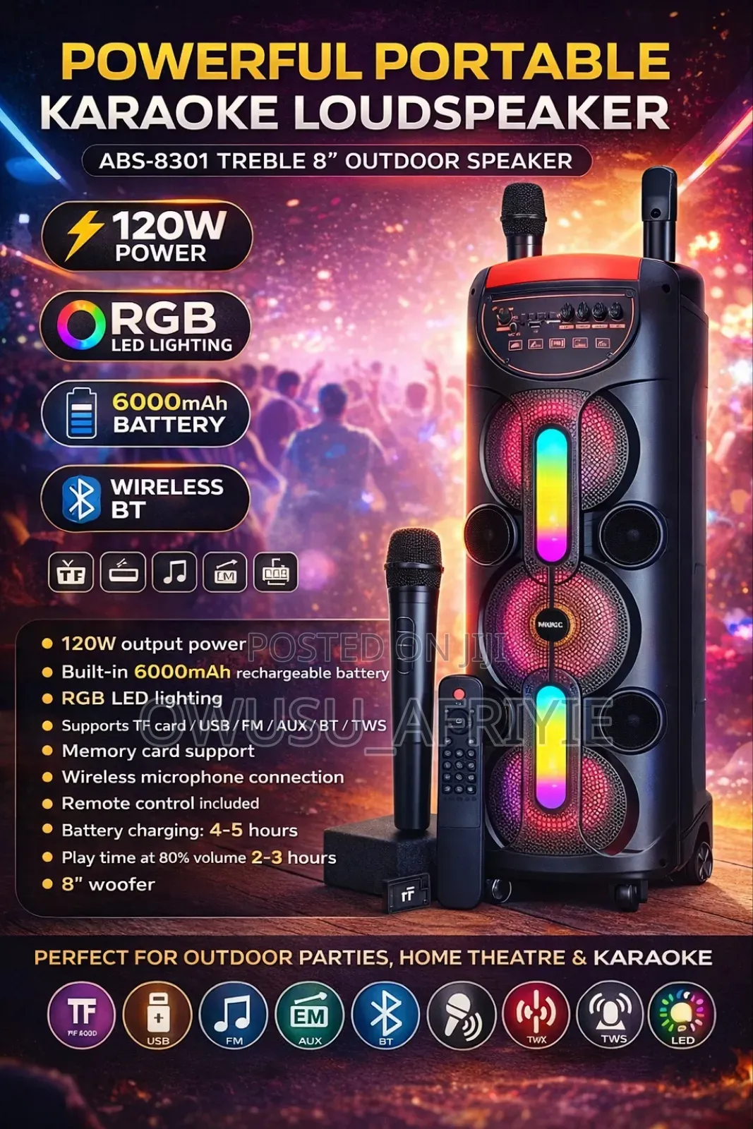 8" Rechargeable Loud Bt Radio RGB Loud Karaoke Speaker