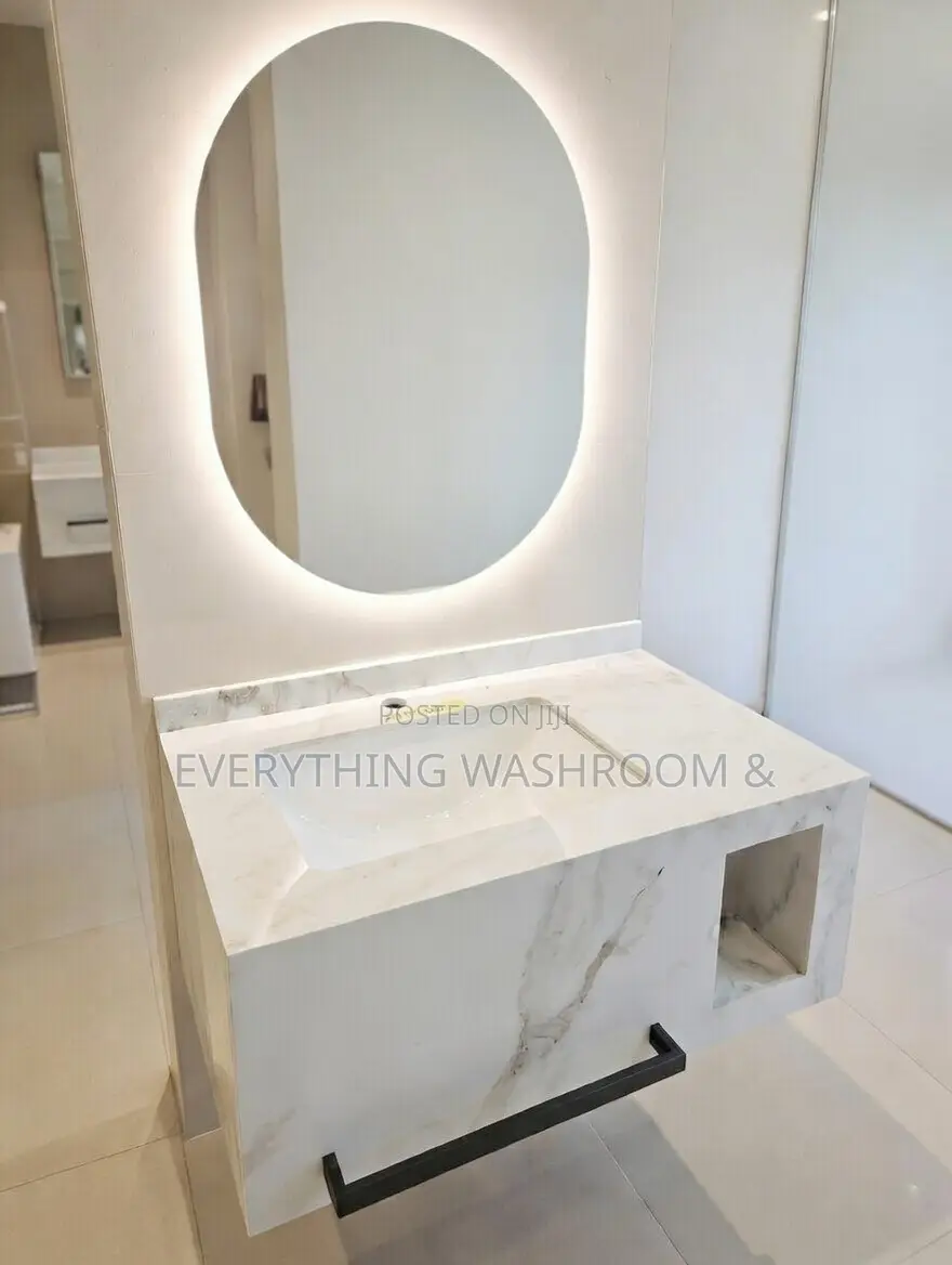 Bathroom Marble 80cm Vanity Cabinet With Oval Led Mirror
