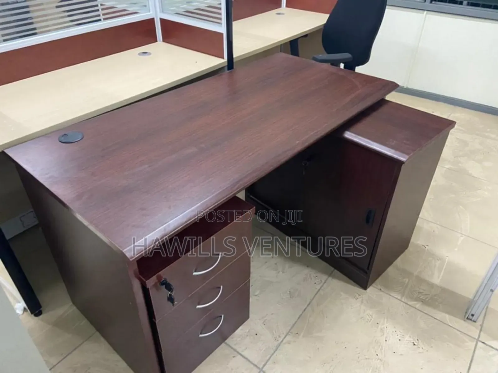 L-Shape Executive Desk 3-Drawer Locking and Side Storage Cabinet.