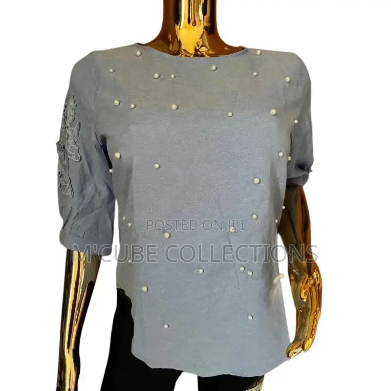 Women's Pearl Embellished Top – Soft Blue Elegance