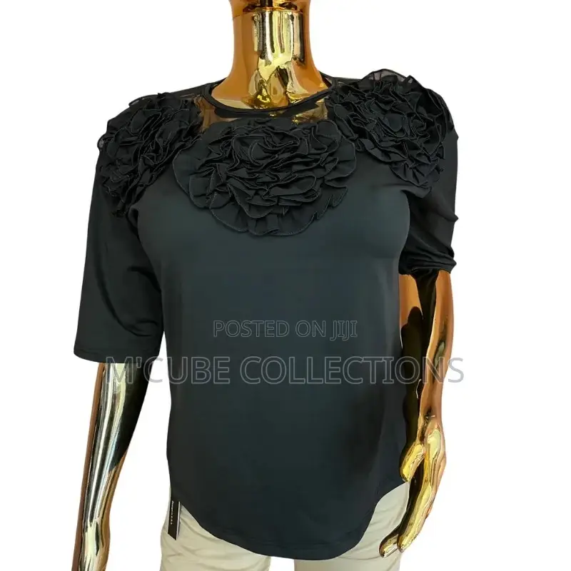 Women's Black Floral Appliqué Top – Bold Sophistication