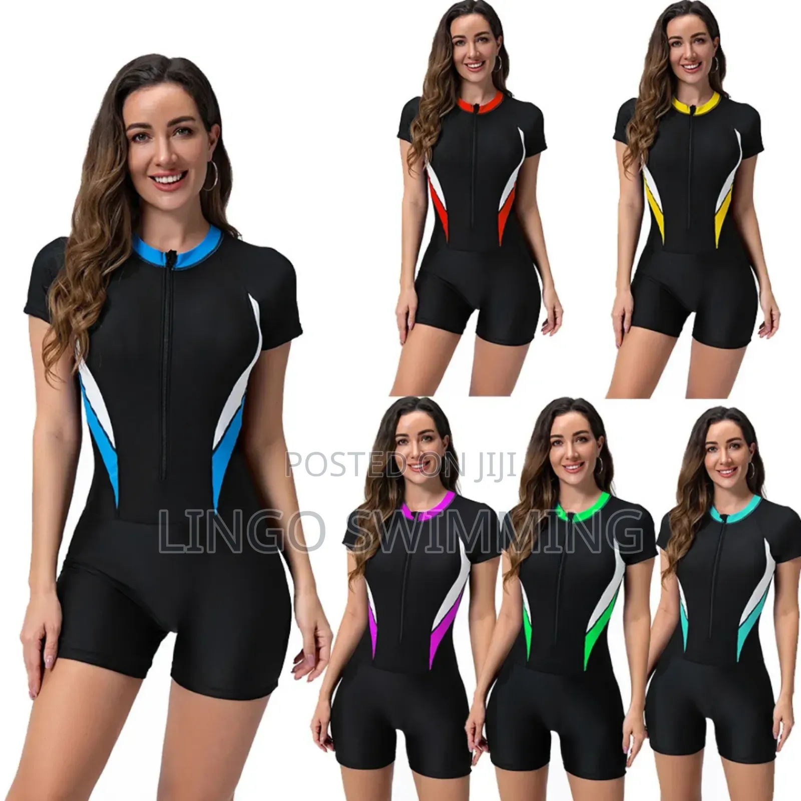 Women’S Short Sleeve One-Piece Swimwear – Sporty Zip Front