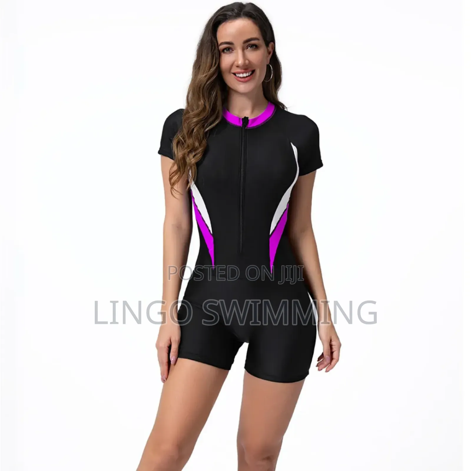 Women’S Short Sleeve One-Piece Swimwear – Sporty Zip Front
