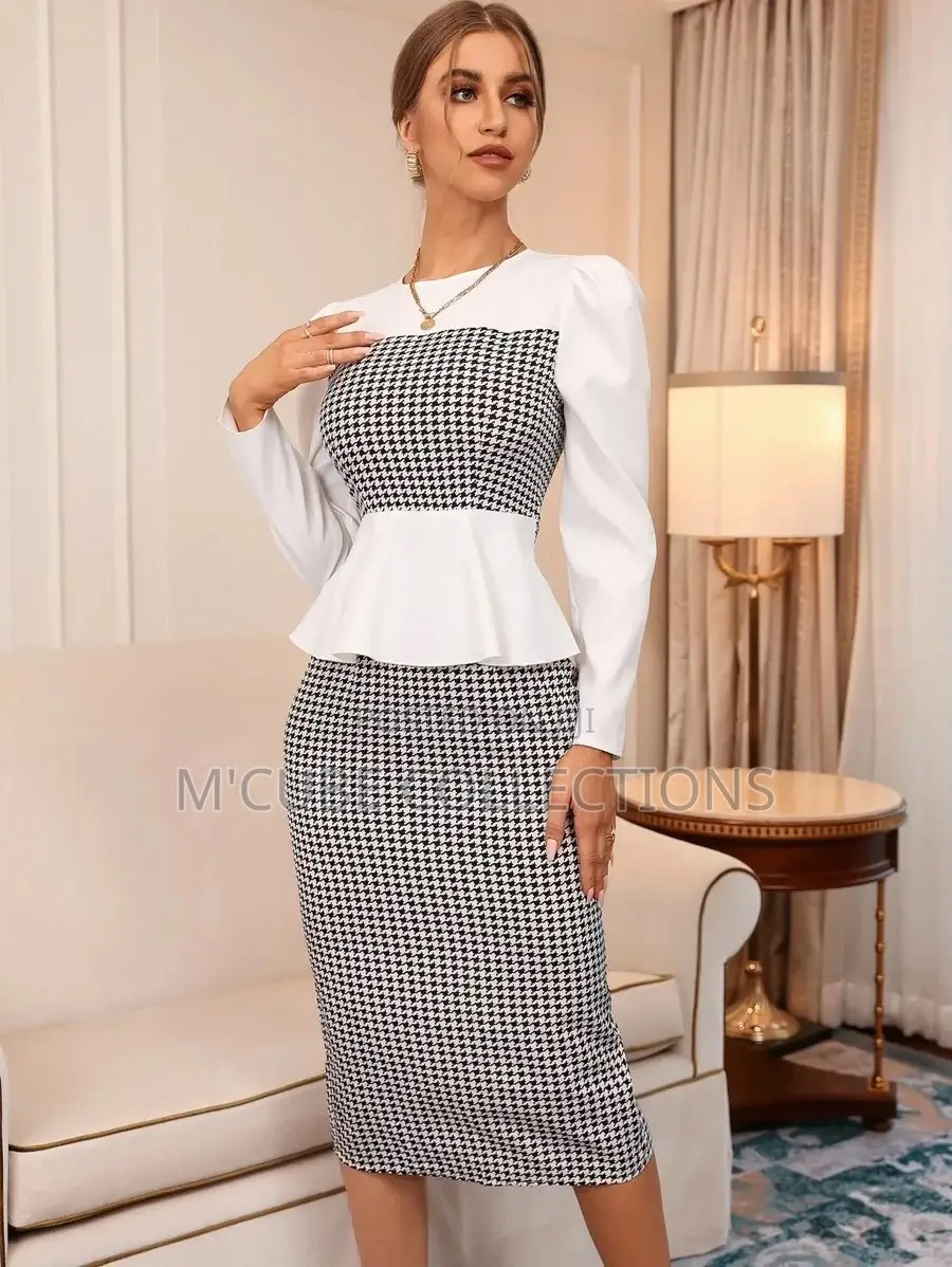 Black White Houndstooth Peplum Dress