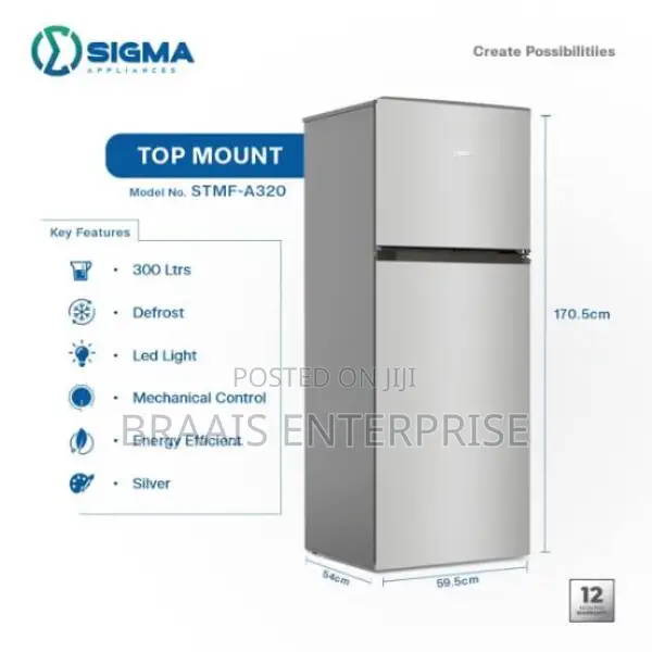 Sigma 300 L Double‐Door Top Freezer Fridge