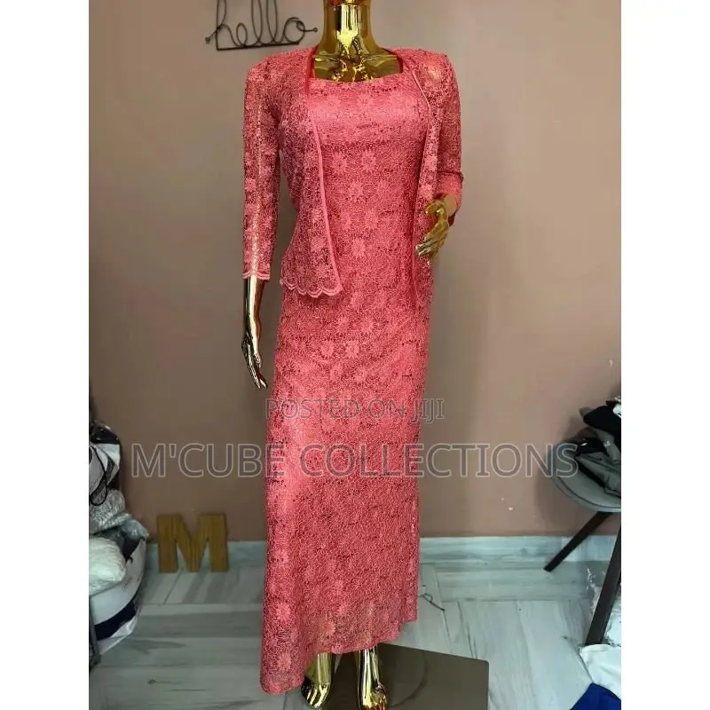 Coral Pink Lace Maxi Dress With Jacket