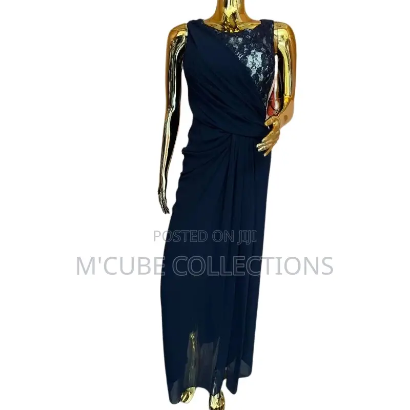 Navy Draped Lace Gown