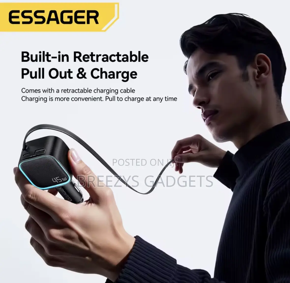 Essager 45w Car Charger Pd Fast Charging With Retractable 75cm Cable
