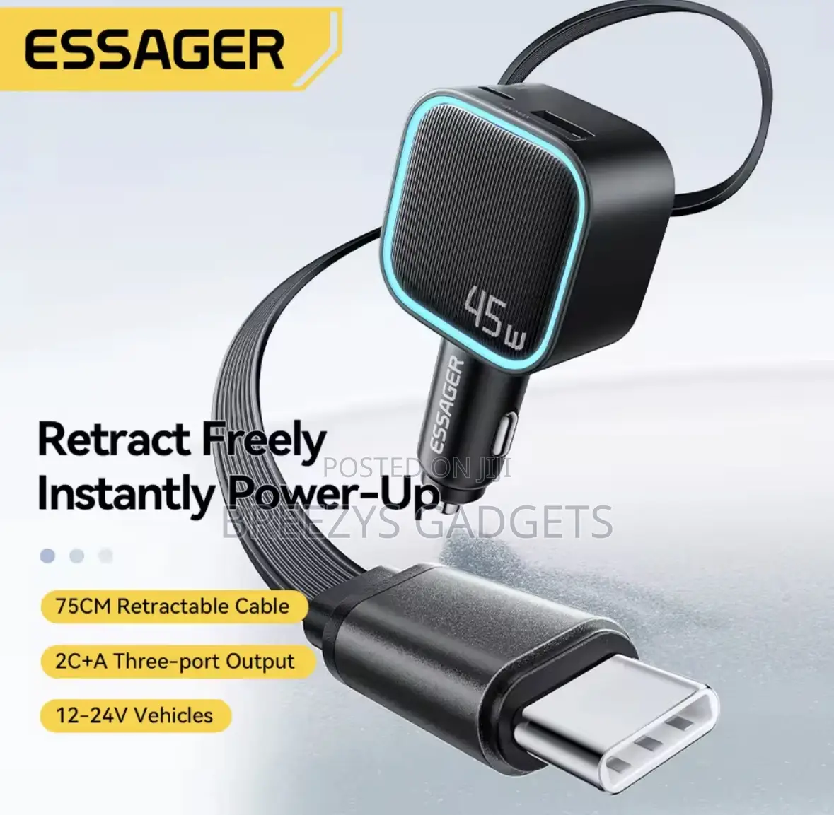 Essager 45w Car Charger Pd Fast Charging With Retractable 75cm Cable