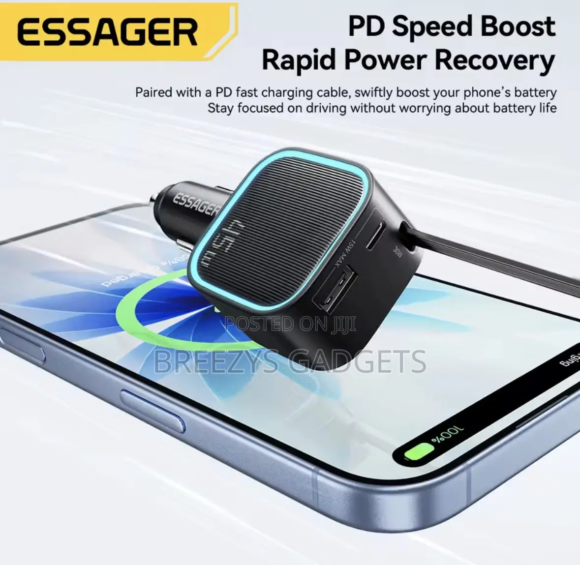 Essager 45w Car Charger Pd Fast Charging With Retractable 75cm Cable