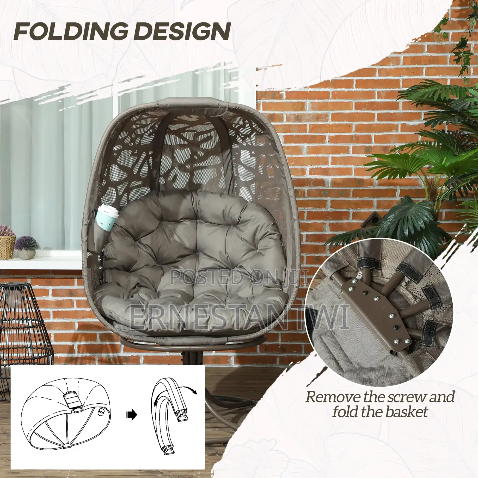 Outsunny Swivel Egg Chair With Cushions, Foldable Basket Seat From Uk
