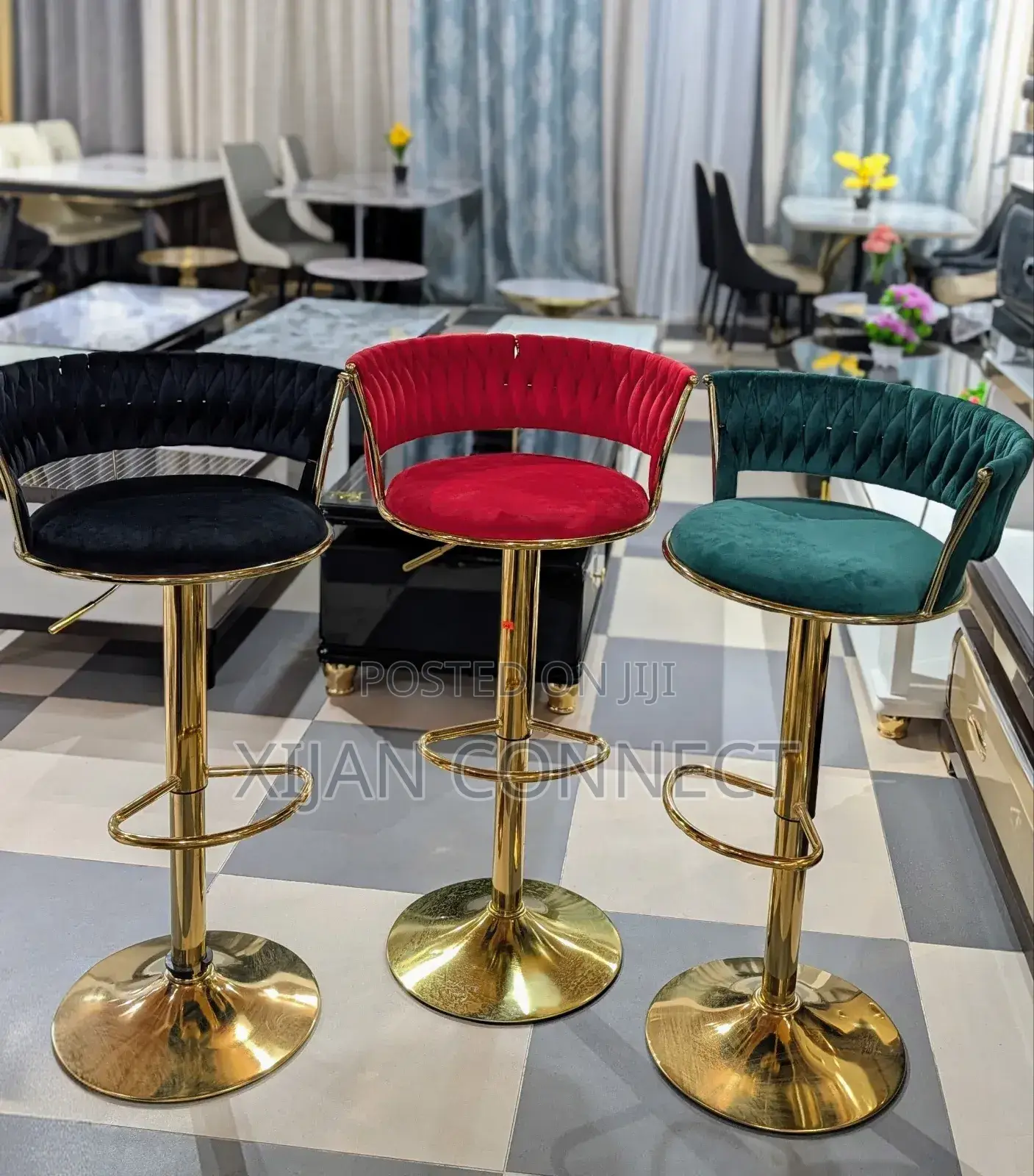 Luxury Velvet Bar Stools – Gold Swivel Base Adjustable Height