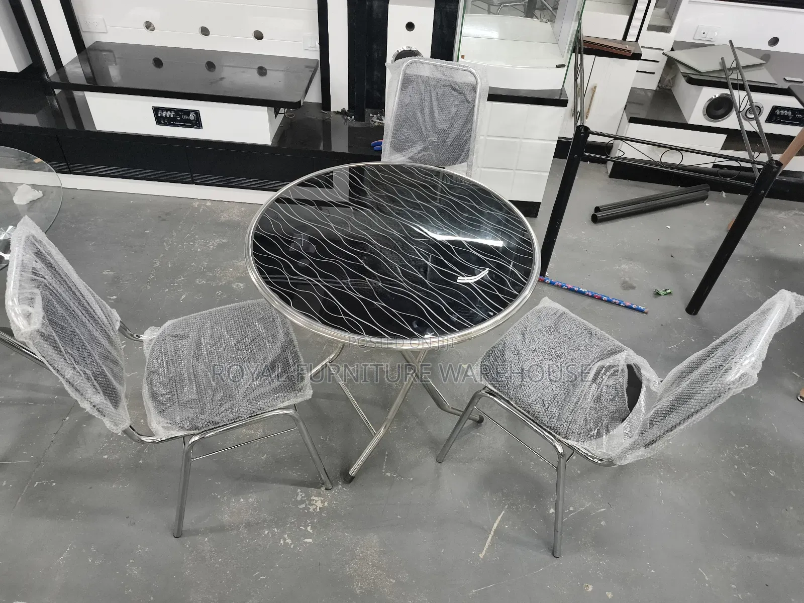 Round Folding Table With 3 Stainless Steel Upholstery Chairs