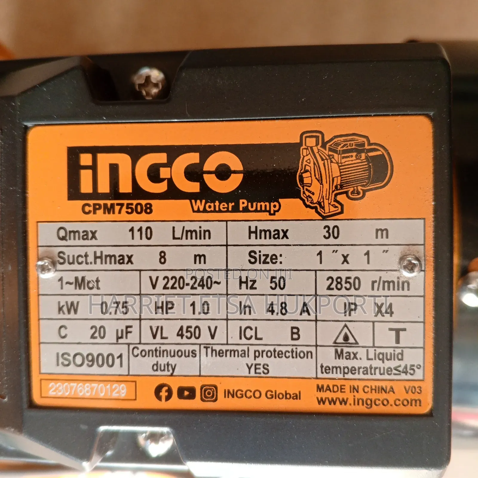 750w 1.0hp Ingco Centrifugal Water Pump (Brand New)