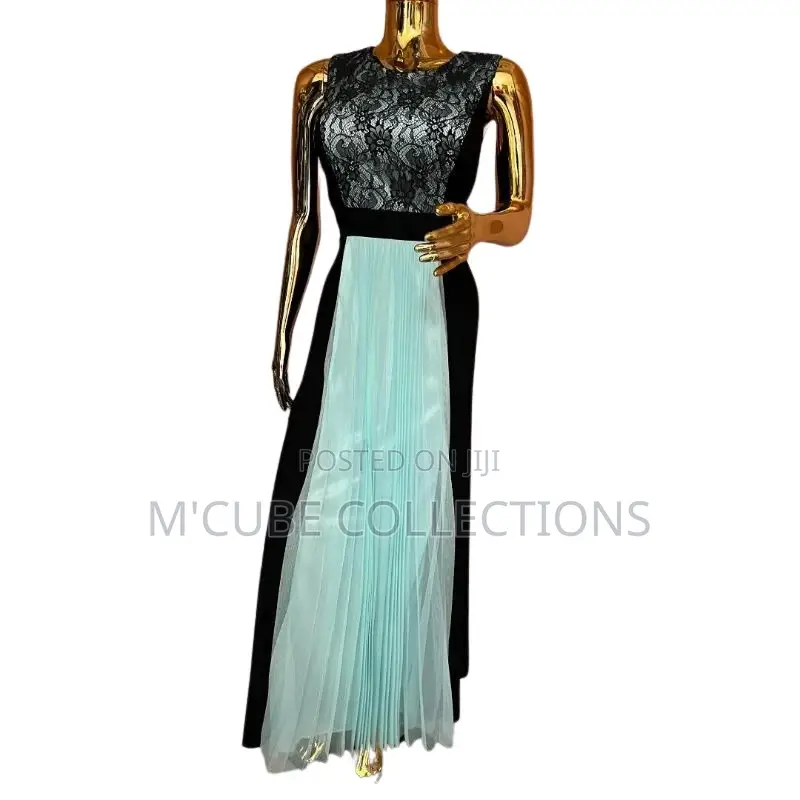 Black Lace Mint Pleated Gown