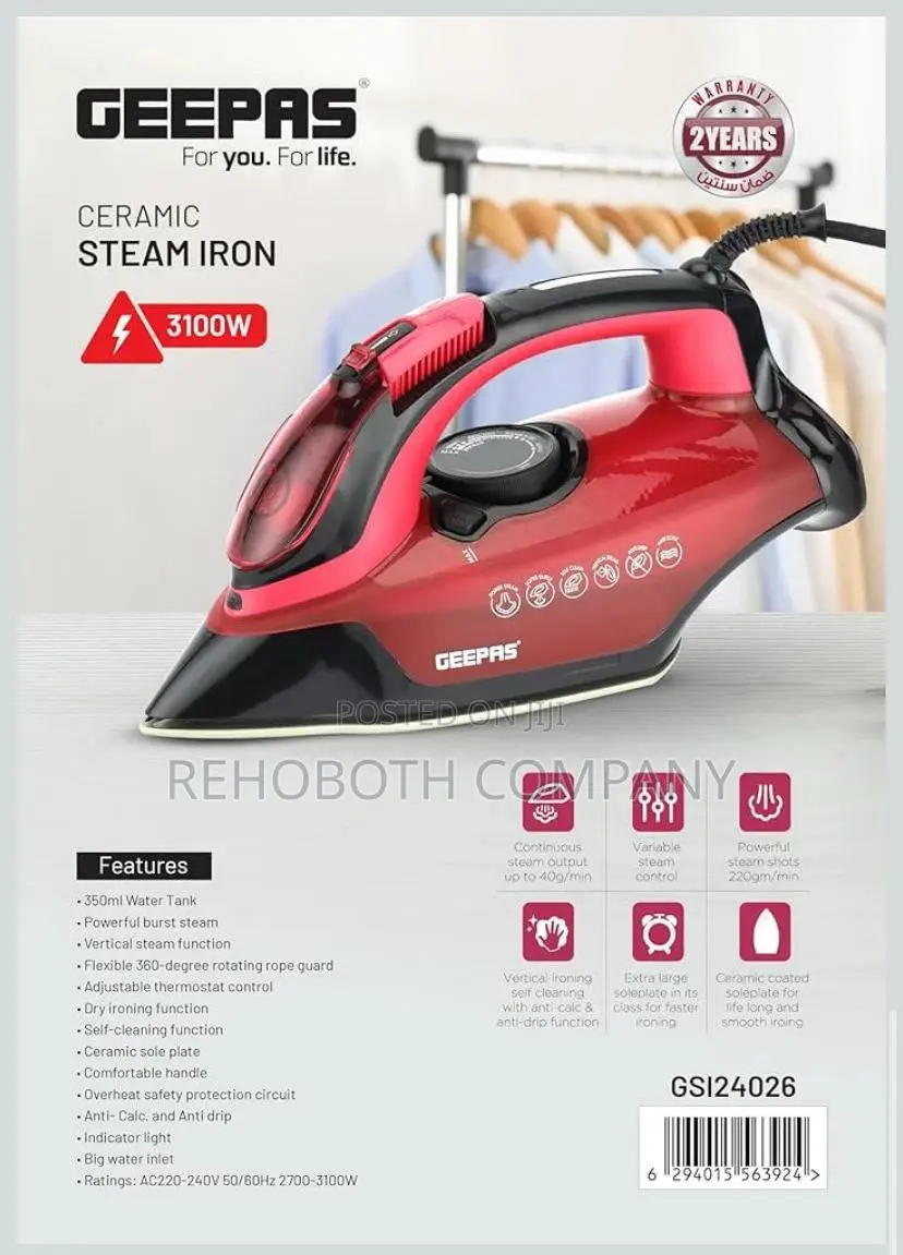 Geepas ' 3100w Ceramic Steam Iron, 350 Ml Capacity , Red And Blac
