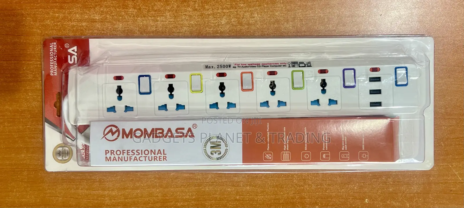 Mombasa Professional 5 Ports Extension Board With 3 Usb Ports - 2500w