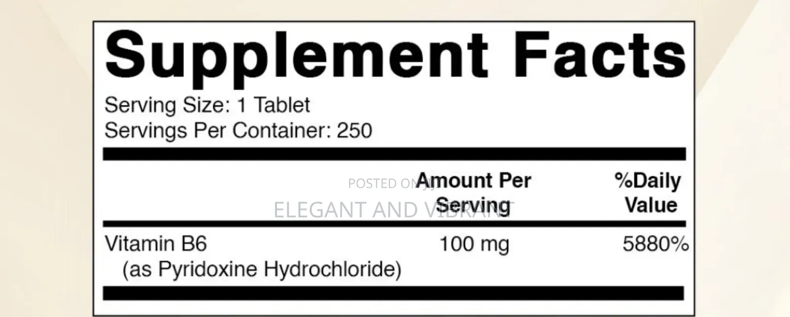 Vitamin B6 (Pyridoxine Hci), 100mg 250 Tablets