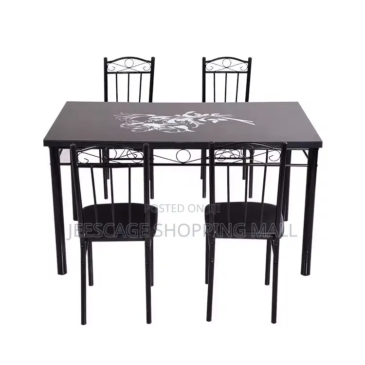 5-Piece Red / Black Glass Top Dining Set With 4 Black Metal Chairs