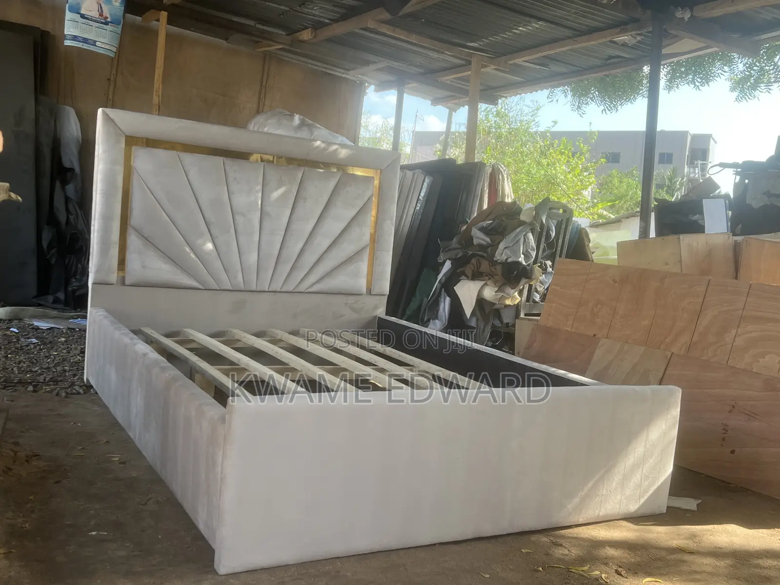 Cream Color With Gold Design Bed Frame Available Anytime to Pick