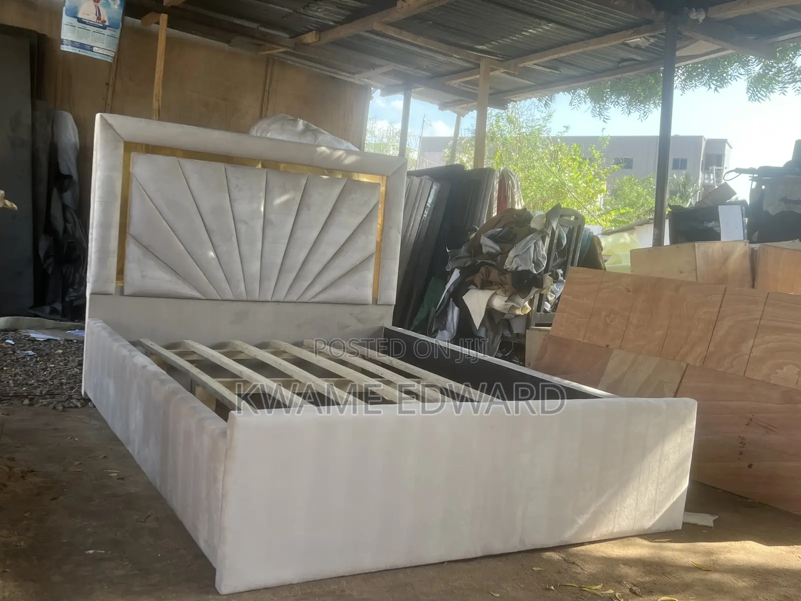 Cream Color With Gold Design Bed Frame Available Anytime to Pick