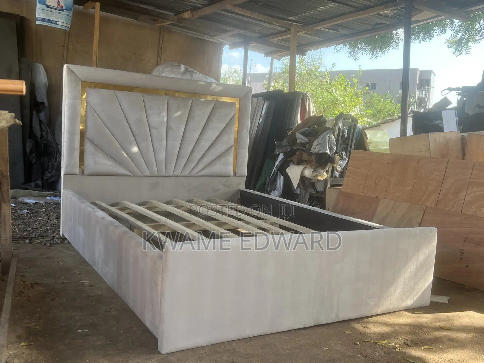 Cream Color With Gold Design Bed Frame Available Anytime to Pick