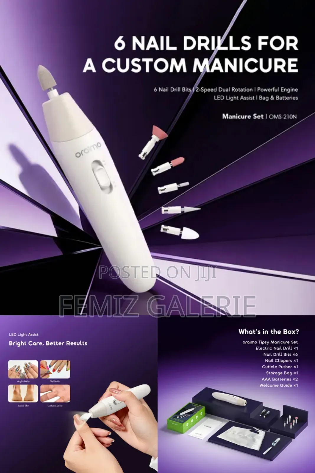 Oraimo Tipsy 6 Nail Drills 2-Speed Dual Rotation Manicure Set