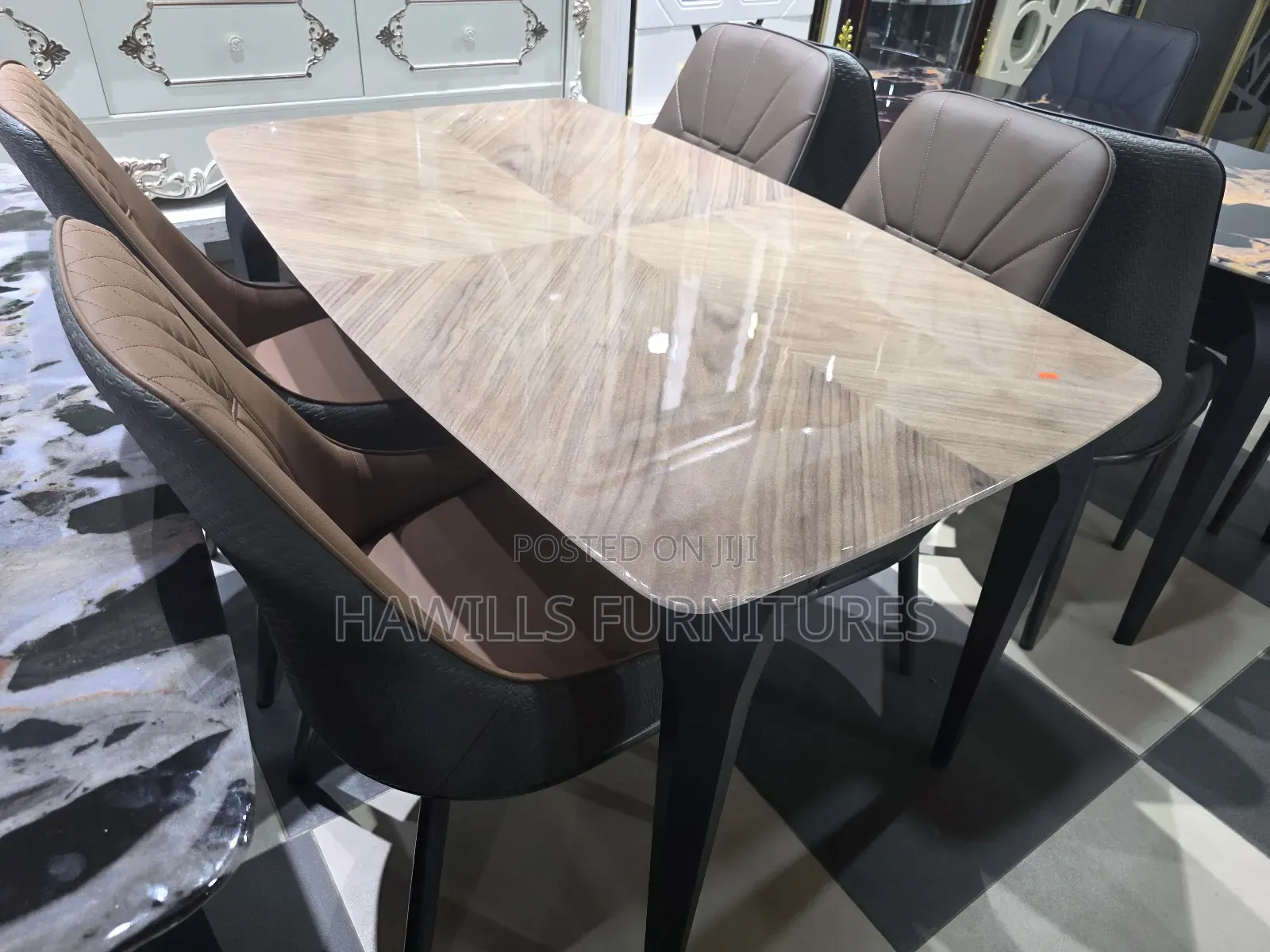 Luxury Dining Set Featuring Table With Glossy Patterned Top