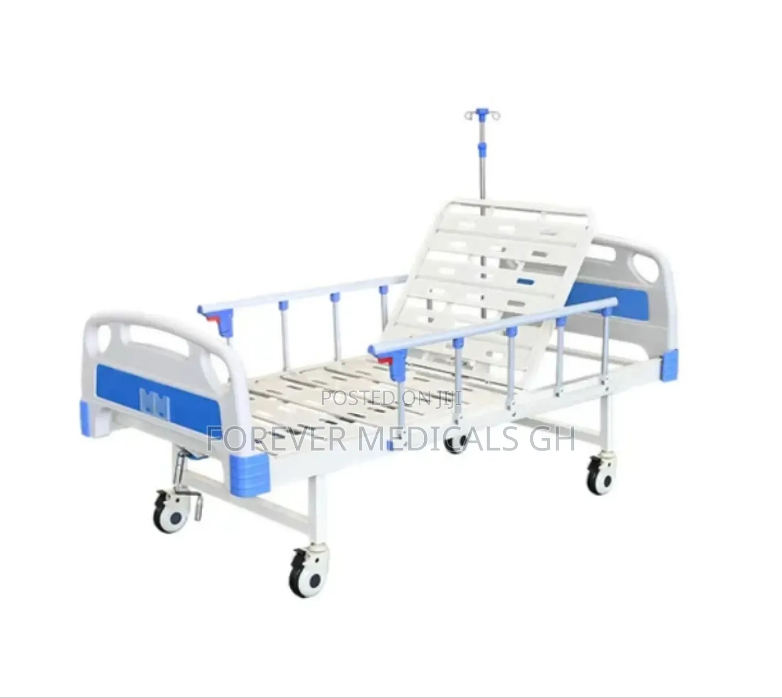 One Crank Hospital Bed With Drip Stand, Overhead Table (No Mattress)