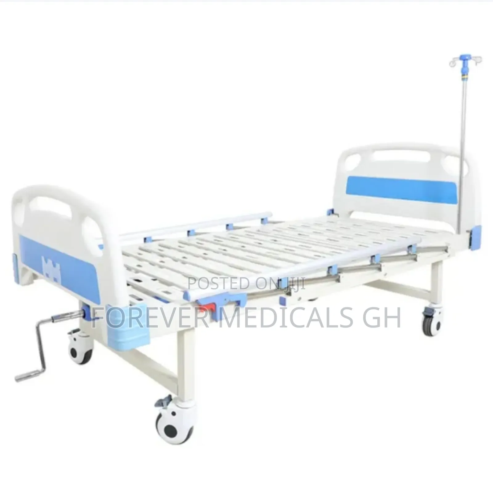 One Crank Hospital Bed With Drip Stand, Overhead Table (No Mattress)