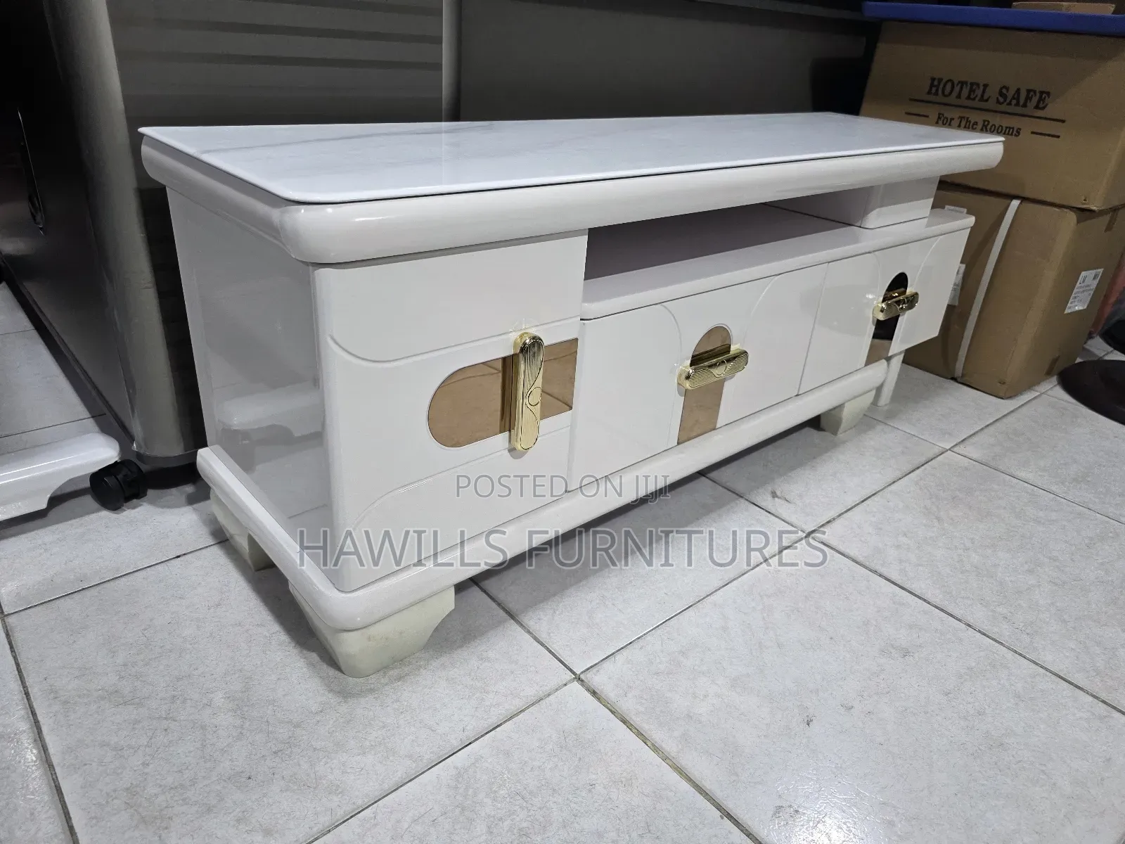 Modern Tv Stand Features Clean White Marble Finish Accented by Sleek