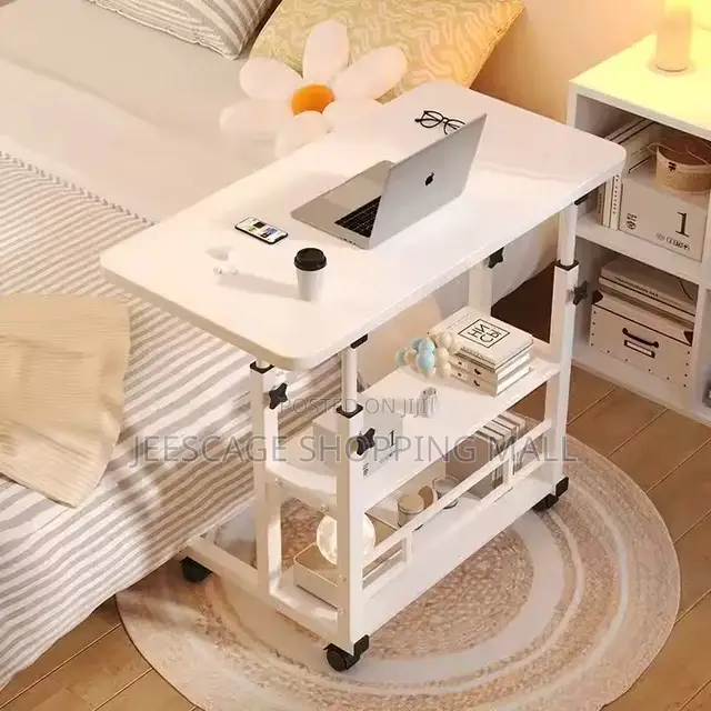 Adjustable Height Mobile Laptop Desk With 3-Tier Storage Shelves