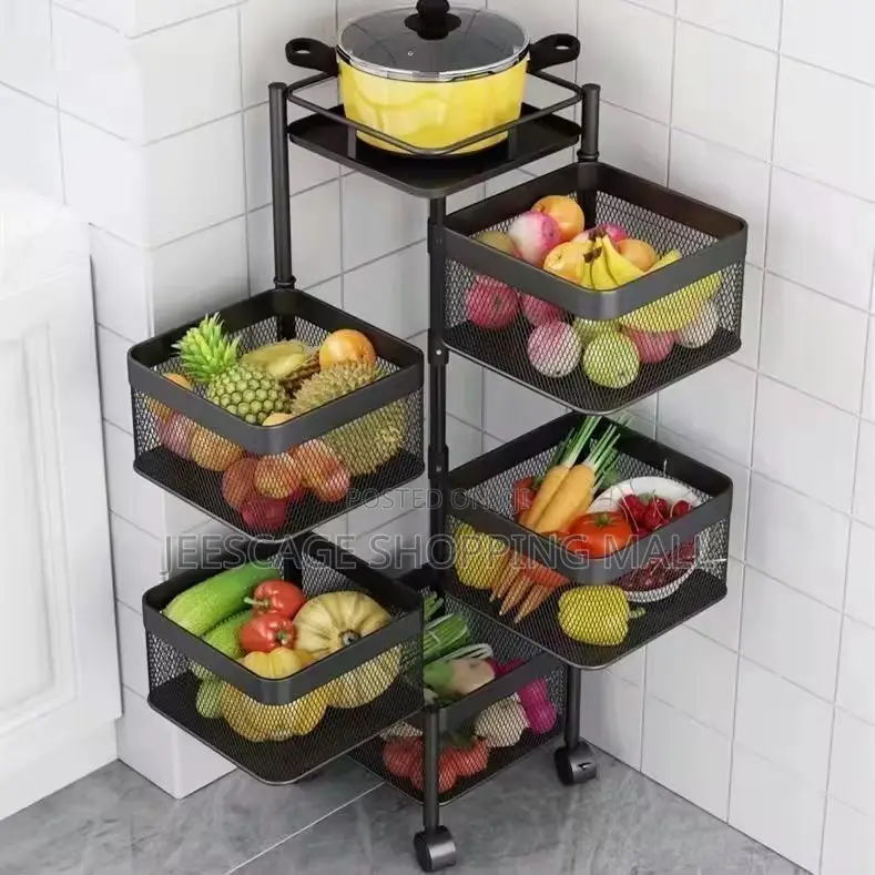 5-Tier Rotating Kitchen Storage Cart With Mesh Baskets