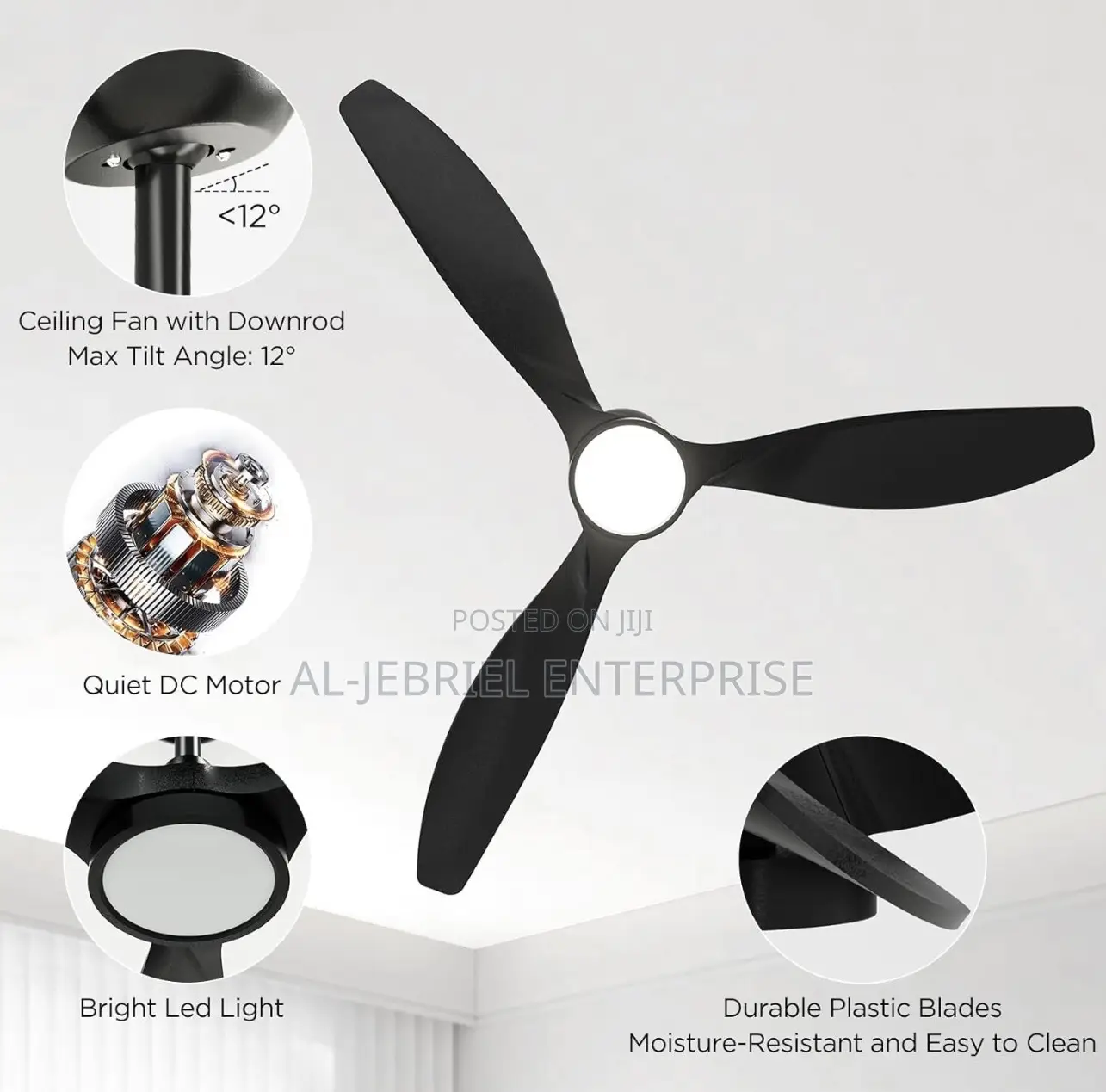 52” Led Ceiling Fan 3 Blades -Black