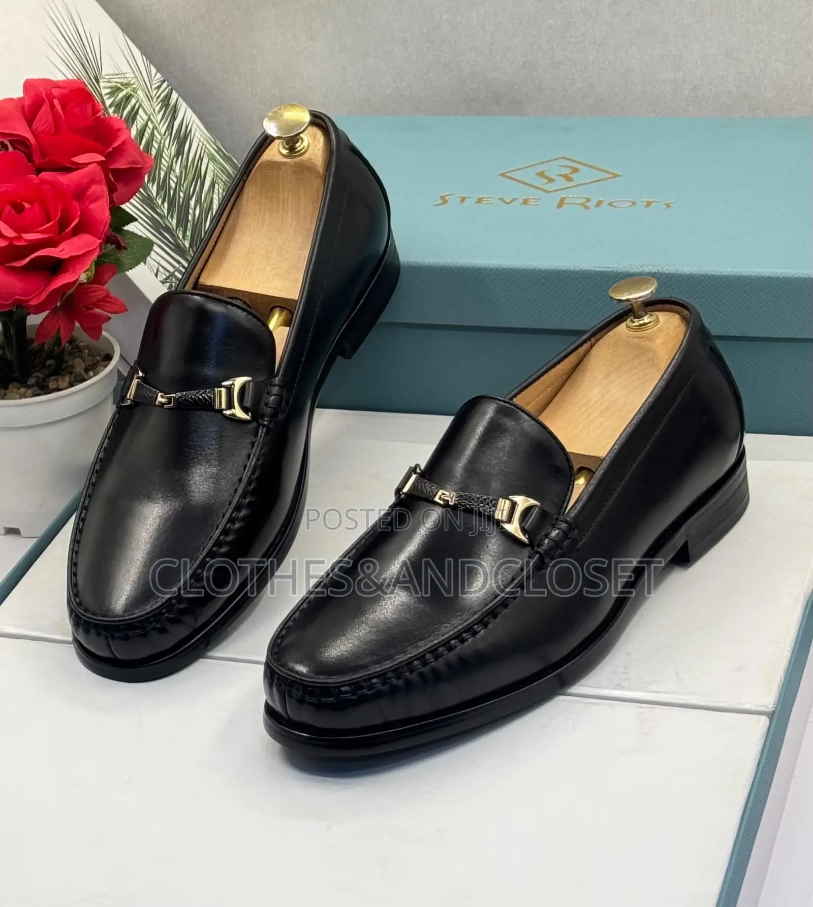 Black Leather Buckled Moccasin Loafers