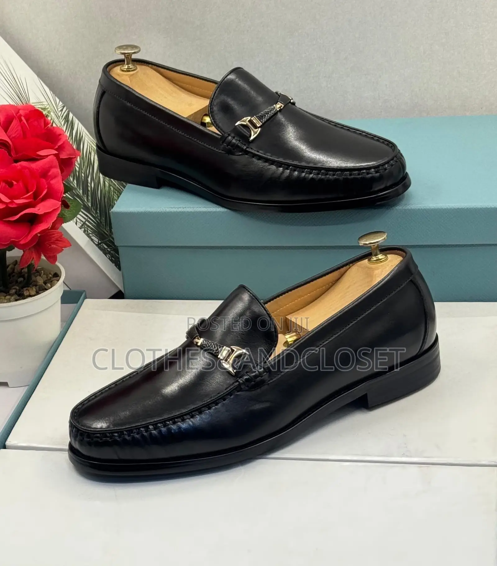 Black Leather Buckled Moccasin Loafers