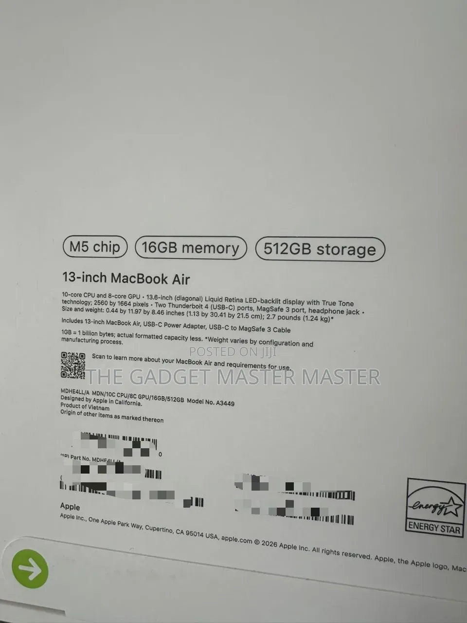 New Laptop Apple MacBook Air 2026 M5 16GB Apple M5 SSD 512GB