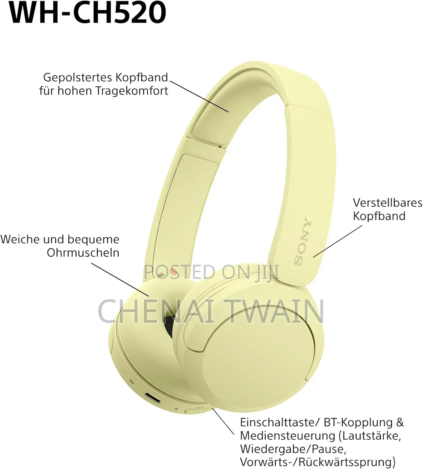 Sony Wh-Ch520 Wireless Bluetooth Headphones - Yellow