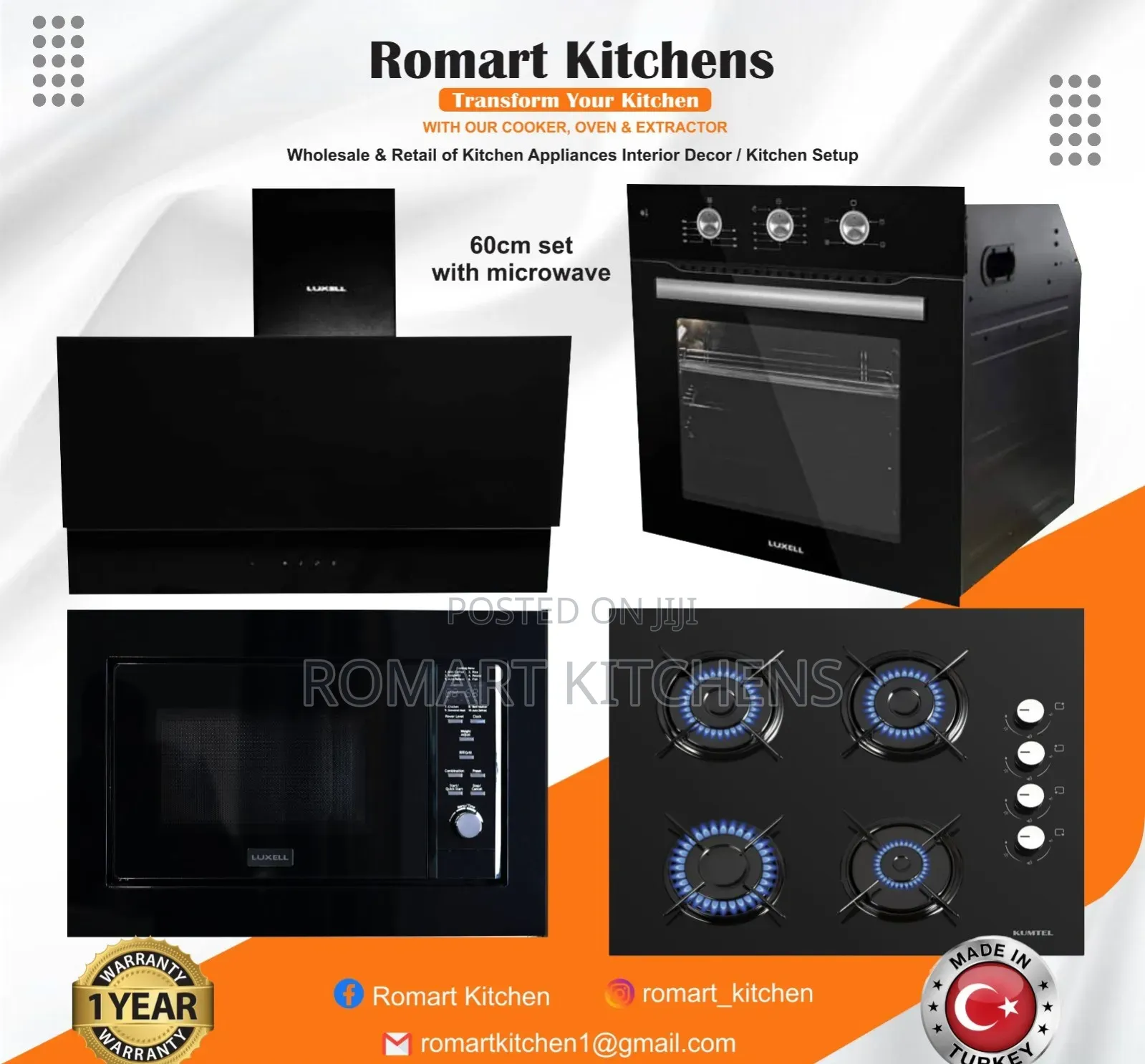 60cm Inbuilt Glass Combo. Burner, Heat Extractor, Oven and Microwave