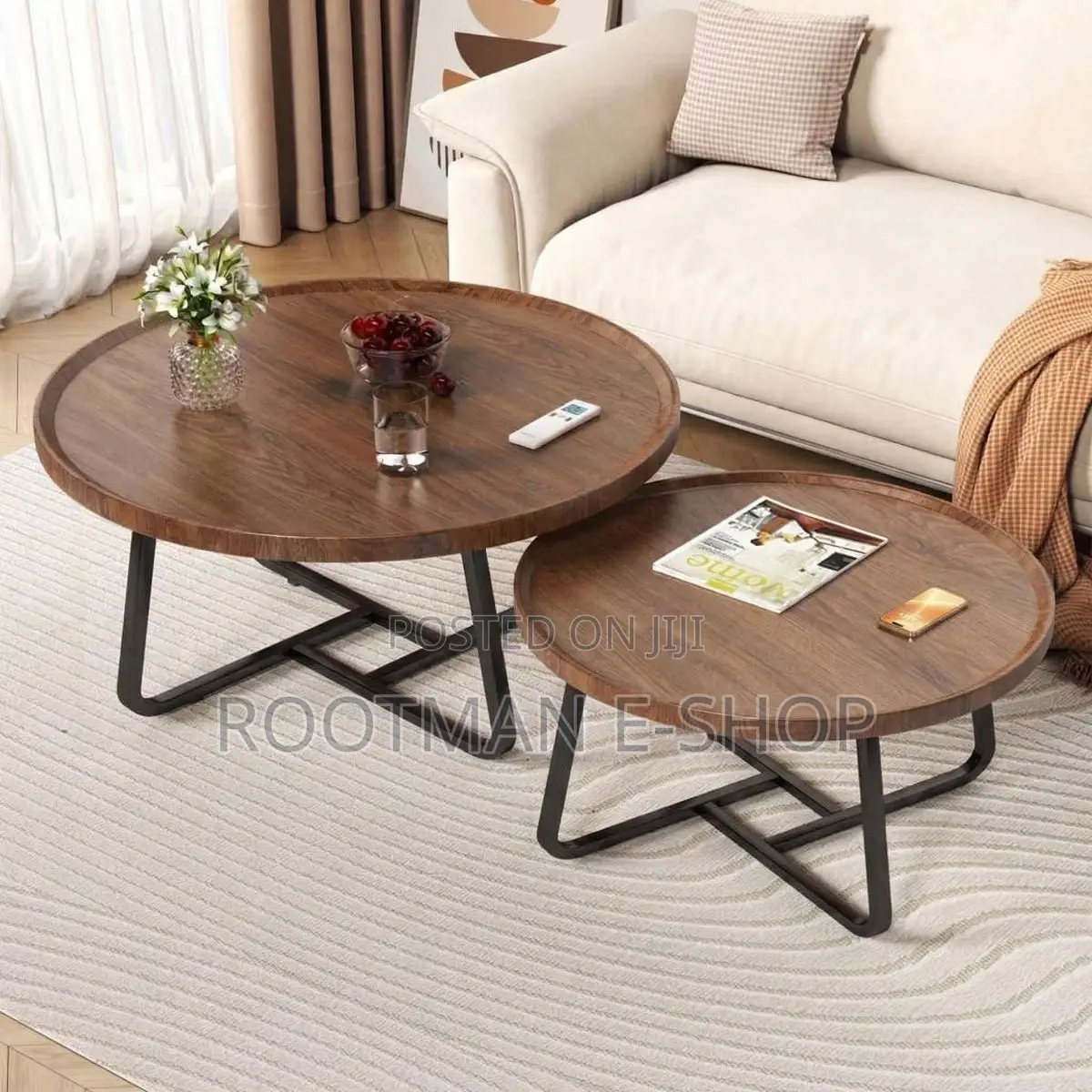 Modern Nesting Coffee Table Set of 2, Fluted Wood Circle Tables
