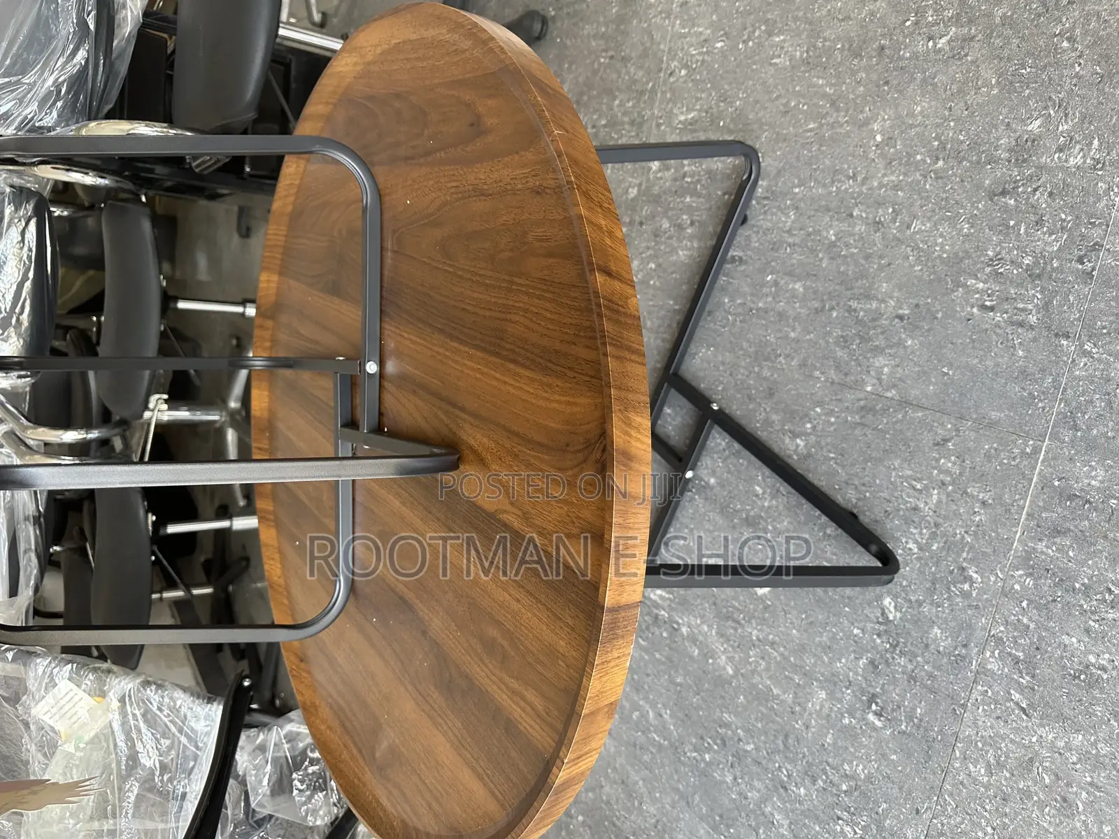 Modern Round Wooden Side Table With a Dark Finish Sleek Metal Frame