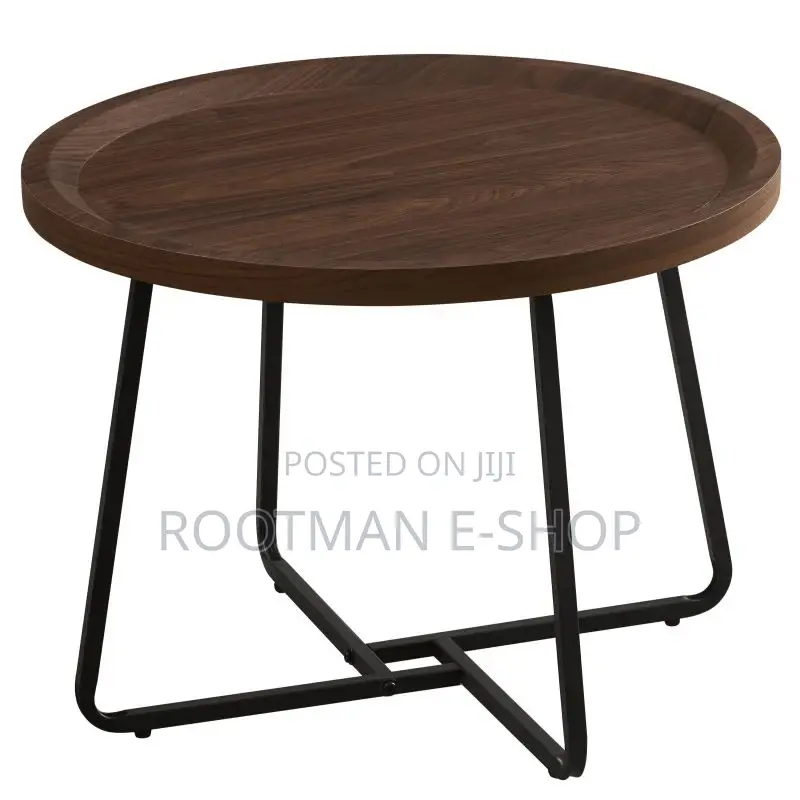 Modern Round Wooden Side Table With a Dark Finish Sleek Metal Frame