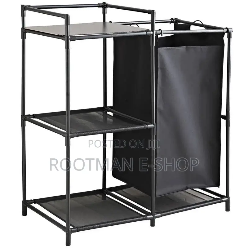Black Multi-shelf Storage Rack With Laundry Hamper