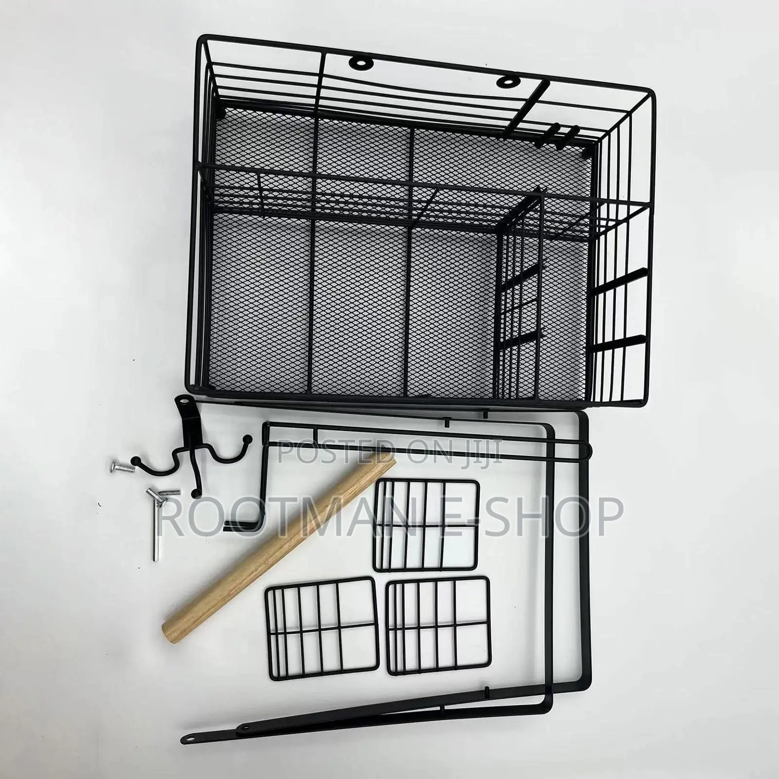 Black Metal Wire Caddy With A Wooden Handle For Organizing Picnic